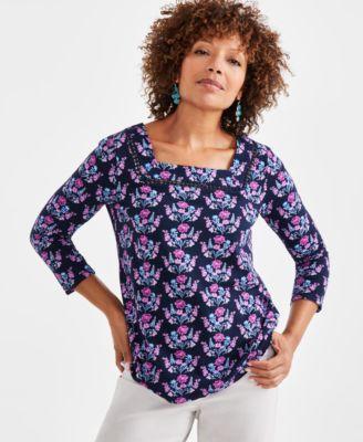 Style & Co Womens Printed Square-Neck 3/4 Sleeve Knit Top, Created for Macys Product Image