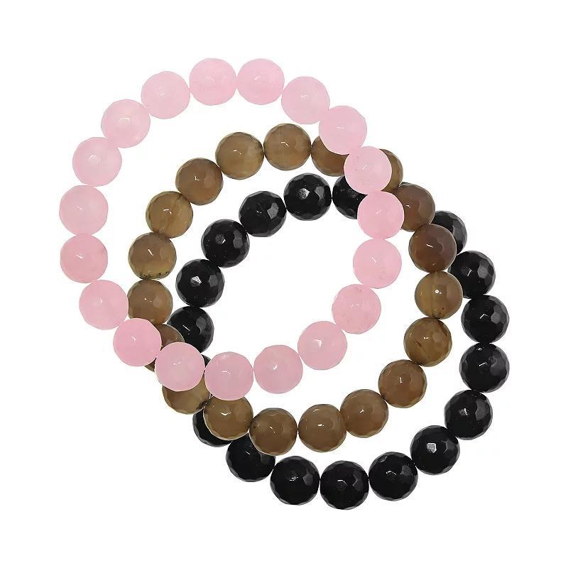 Black Gray Pink Faceted Agate Stretchy 3-piece Bracelet Set, Womens Silver Tone Product Image