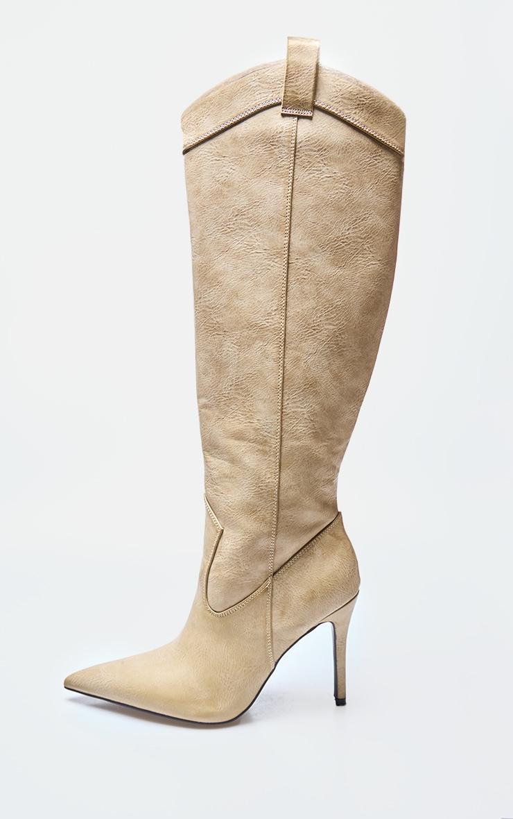 Tan Pu Point Toe Knee High Western Stiletto Boots Product Image