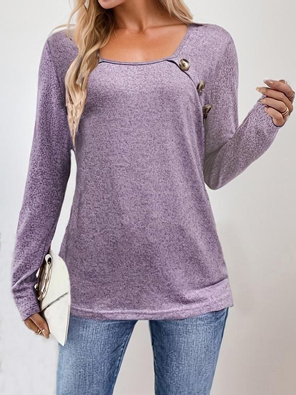 Long Sleeves Loose Buttoned Solid Color Split-Joint Square-Neck T-Shirts Tops product image