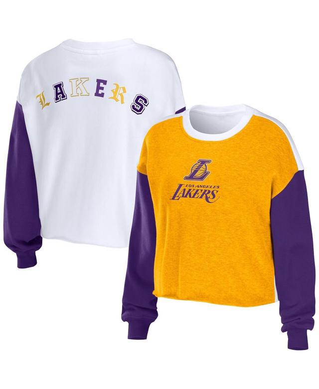 Womens WEAR by Erin Andrews Heather Los Angeles Lakers Mixed Letter Cropped Pullover Sweatshirt Product Image