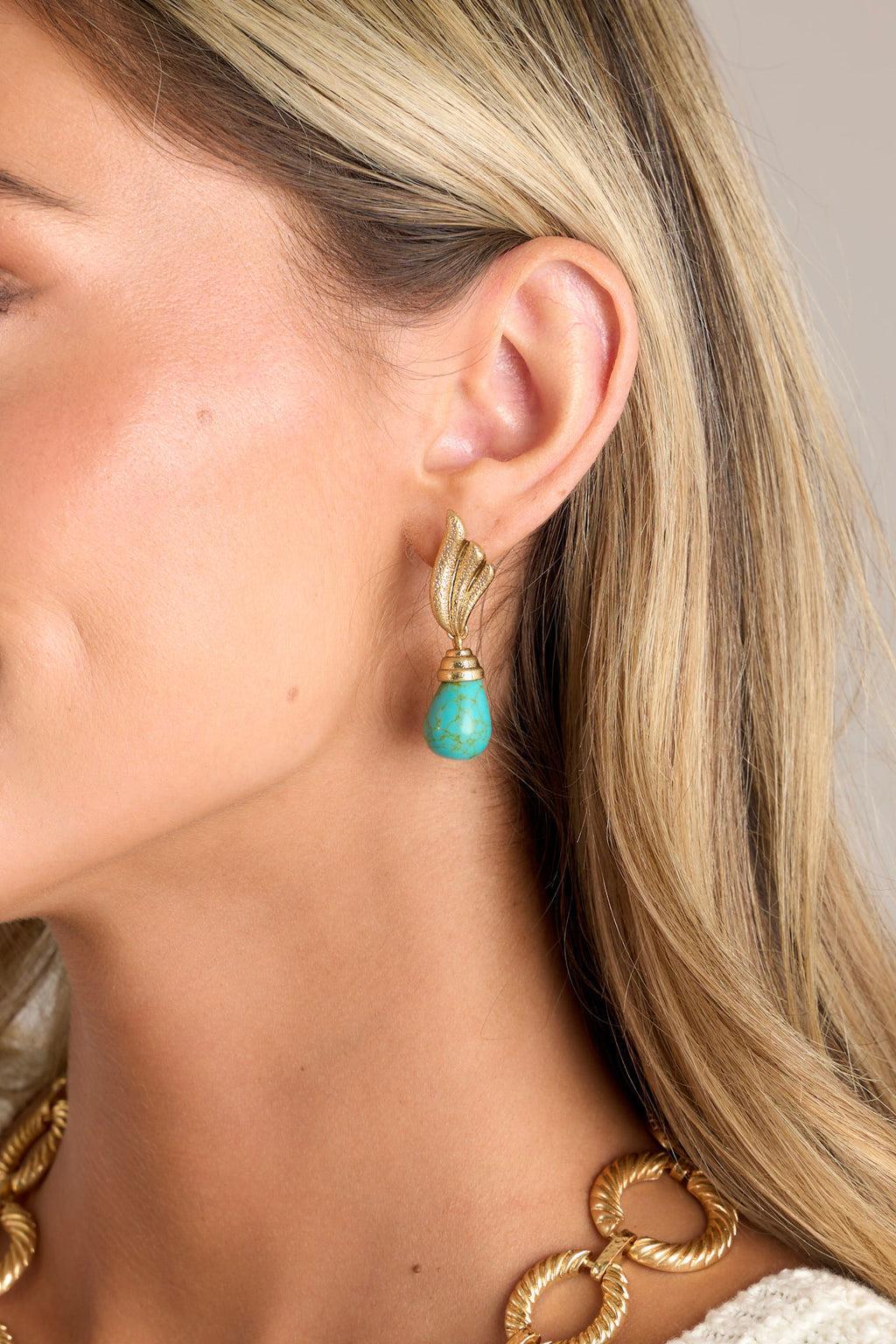 Winged Elegance Gold & Turquoise Drop Earrings Product Image