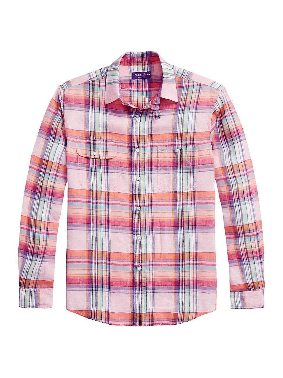 Mens Plaid Linen Long-Sleeve Sport Shirt Product Image