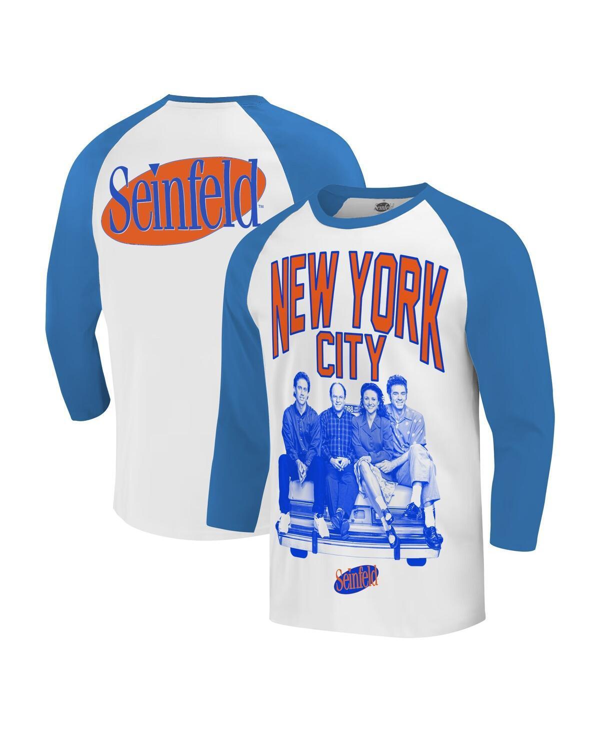 Ripple Junction Mens White/Royal Seinfeld New York City Baseball 3/4-Sleeve Raglan T-Shirt Product Image