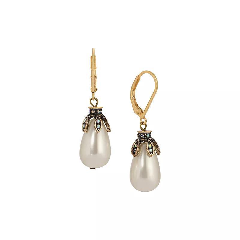 1928 Gold Tone Crystal & Simulated Pearl Teardrop Drop Earrings, Womens, White Product Image