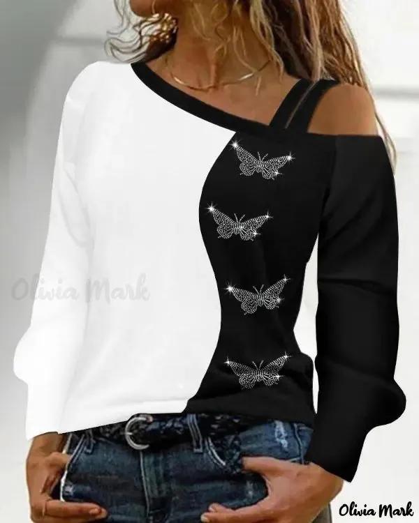 Olivia Mark – Off-the-shoulder top with rhinestones and butterfly decor Product Image