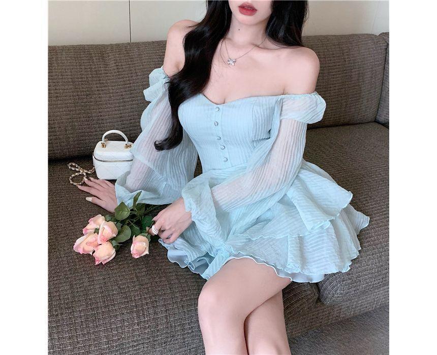 Puff-Sleeve Off Shoulder Plain Mini A-Line Dress Product Image