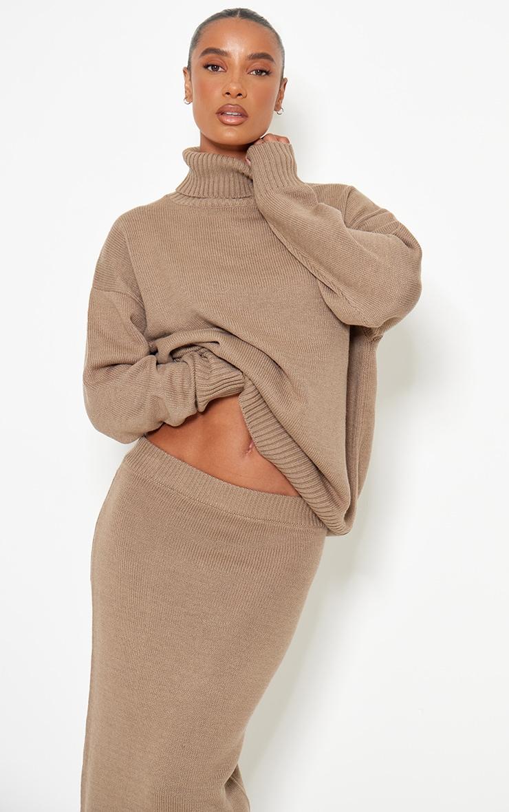 Light Mocha Soft Knit Roll Neck Oversized Sweater Product Image