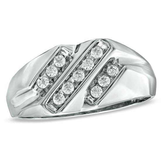 Men's 1/4 CT. T.w. Diamond Triple Row Slant Ring in 10K White Gold Product Image