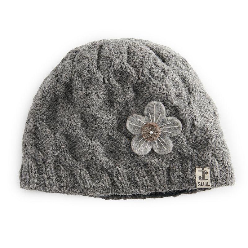 Womens SIJJL Wavy Knit Floral Accent Beanie Product Image