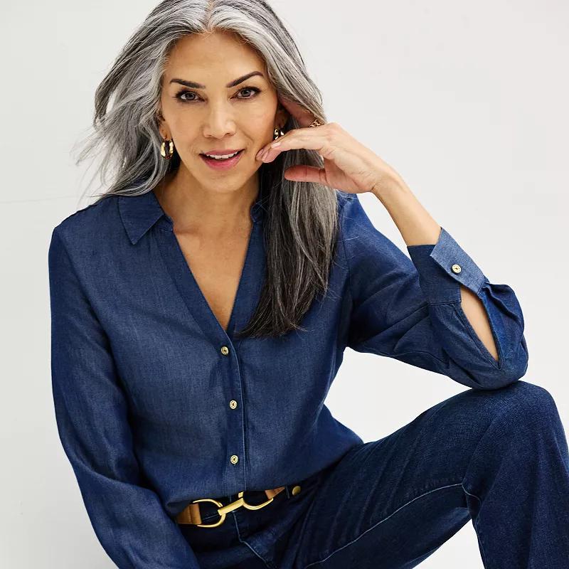 Womens Jaclyn Smith Tencel Long Sleeve Button Up Top Blue product image