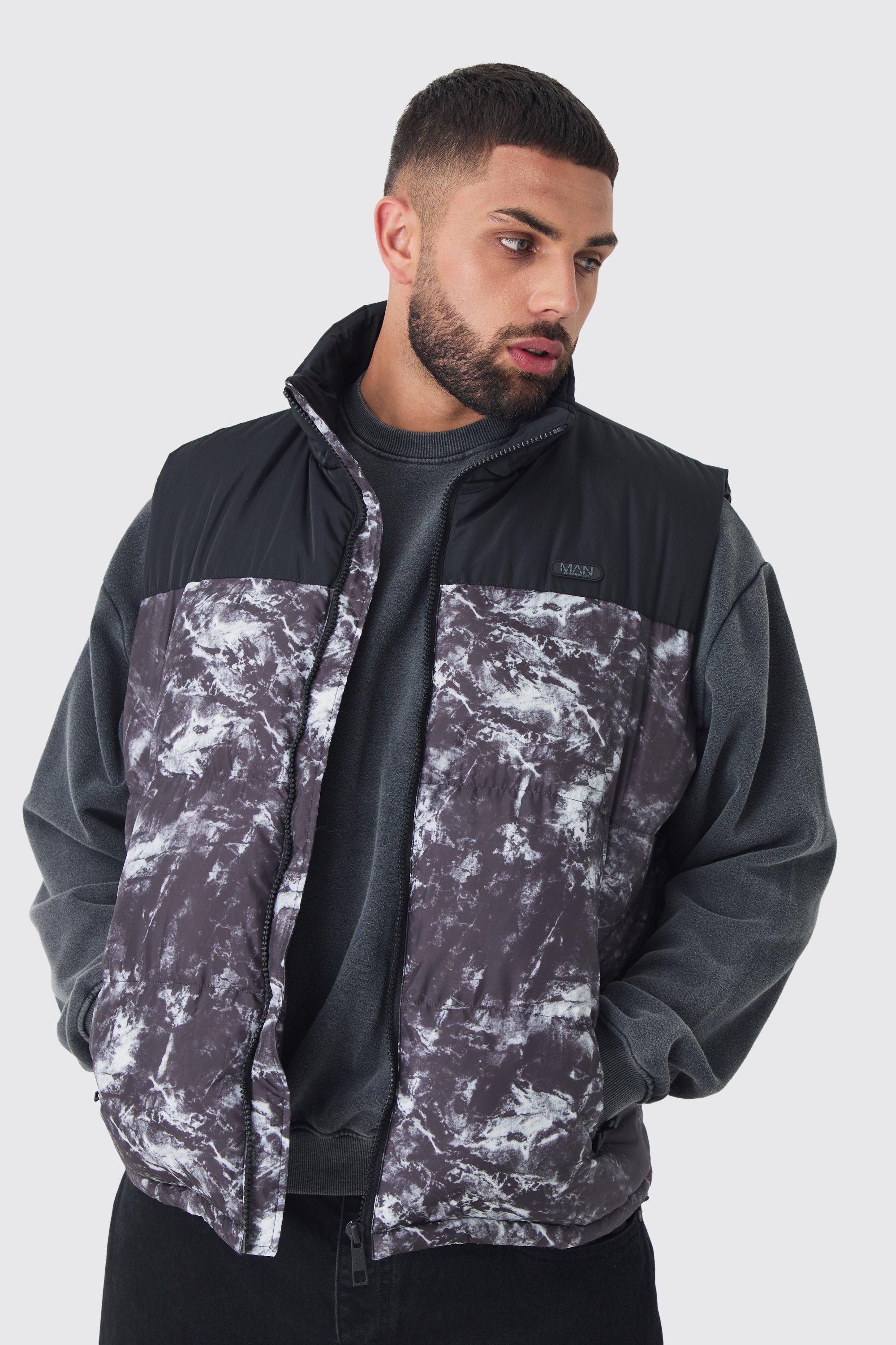 Mens Grey Plus Colour Block Printed Funnel Neck Gilet In Charcoal, Grey Product Image