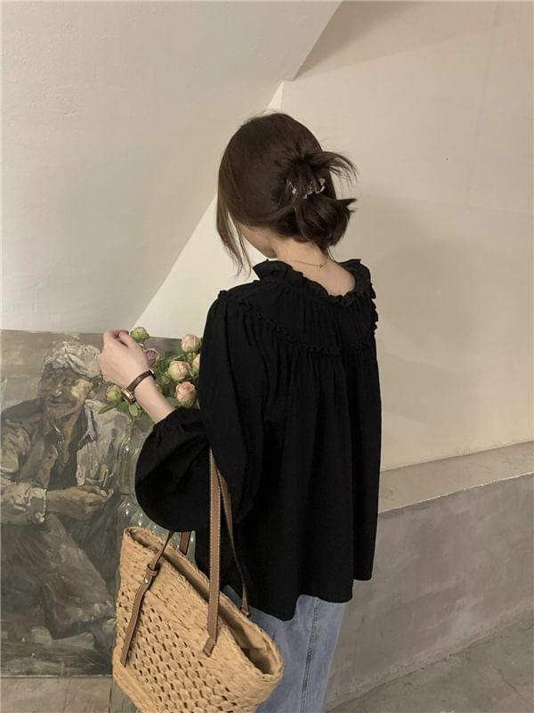 Long-Sleeve Plain Ruffle Trim Blouse Product Image