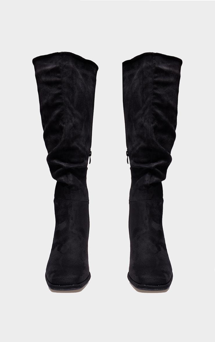 Black Wide Fit Faux Suede Square Toe Ruched High Blocked Heeled Knee Boots Product Image