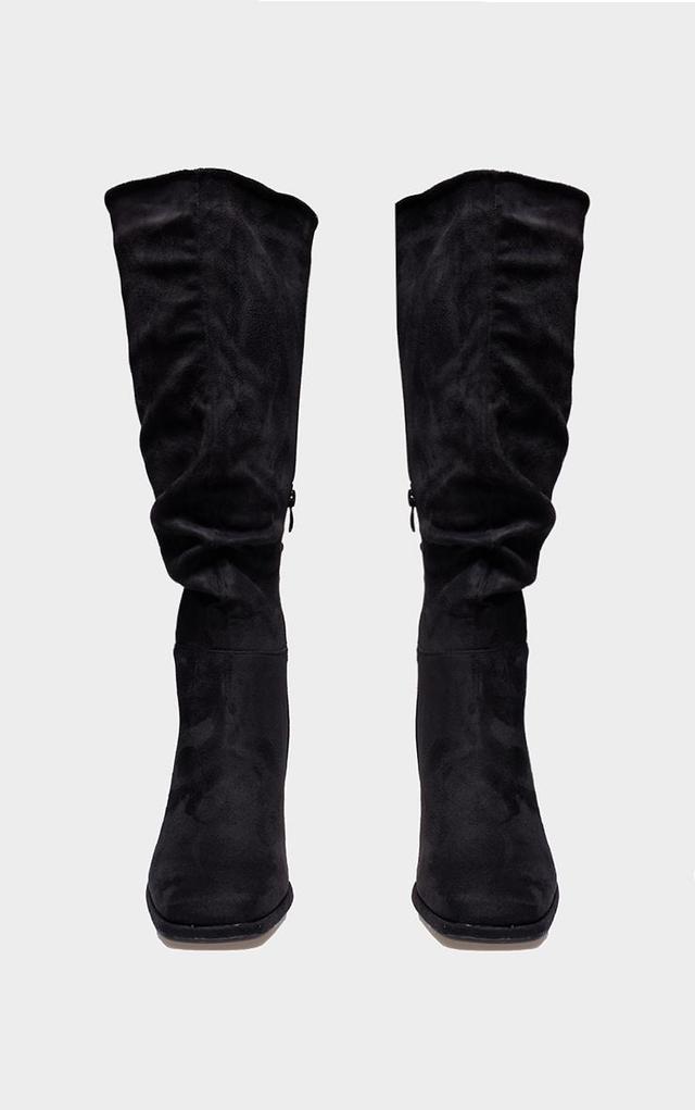 Black Wide Fit Faux Suede Square Toe Ruched High Blocked Heeled Knee Boots Product Image