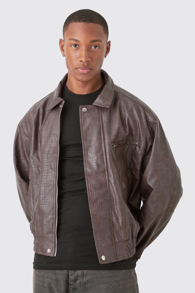 Boxy Textured PU Bomber In Brown | boohooMAN USA Product Image