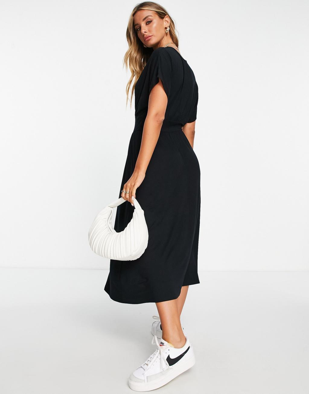 ASOS DESIGN waisted midi tea dress with buttons in black Product Image