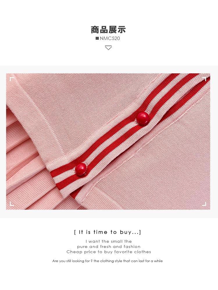 Set: Striped V-Neck Light Cardigan + High-Rise Pleated Mini Skirt Product Image