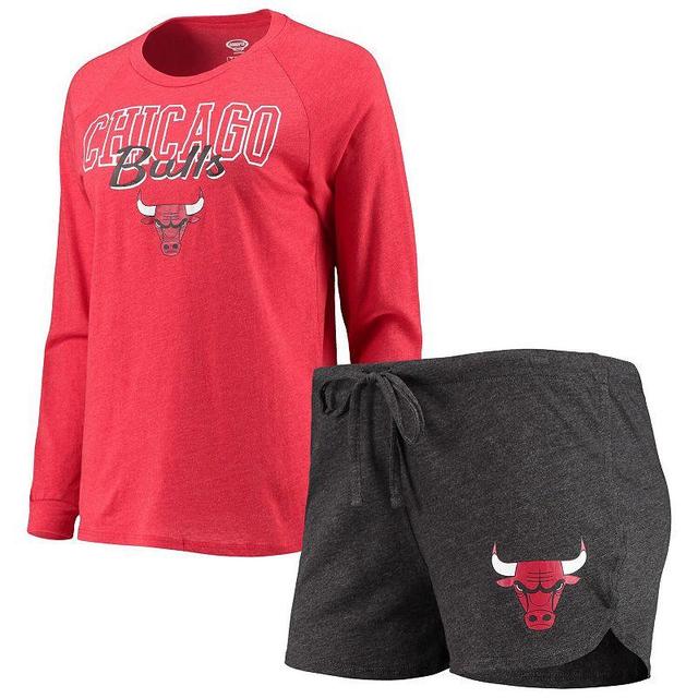 Womens Concepts Sport Heathered Black/Heathered Red Chicago Bulls Raglan Long Sleeve T-Shirt & Shorts Sleep Set Product Image