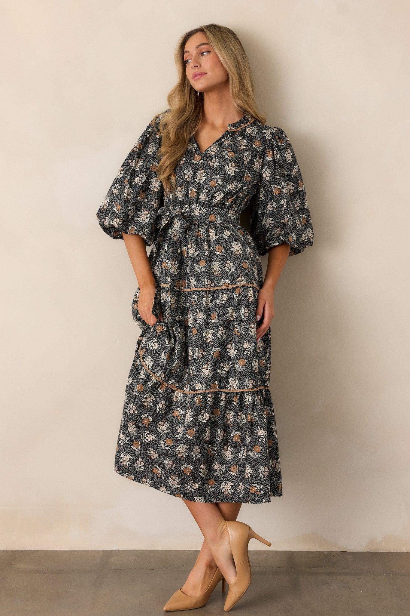 Rustic Allure 100% Cotton Black Floral Midi Dress Product Image