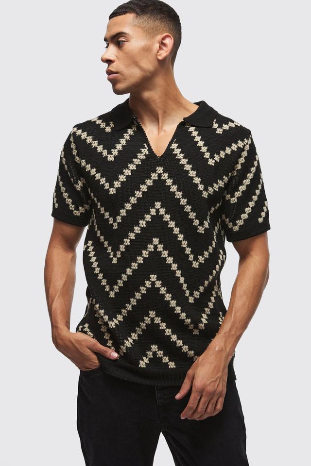 V Neck Stripe Knit Polo | boohooMAN USA Product Image