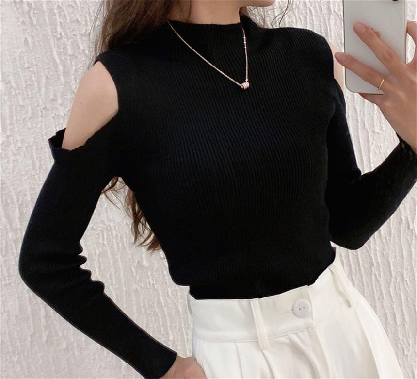 Cold-Shoulder Long-Sleeve Plain Ribbed Knit Top Product Image