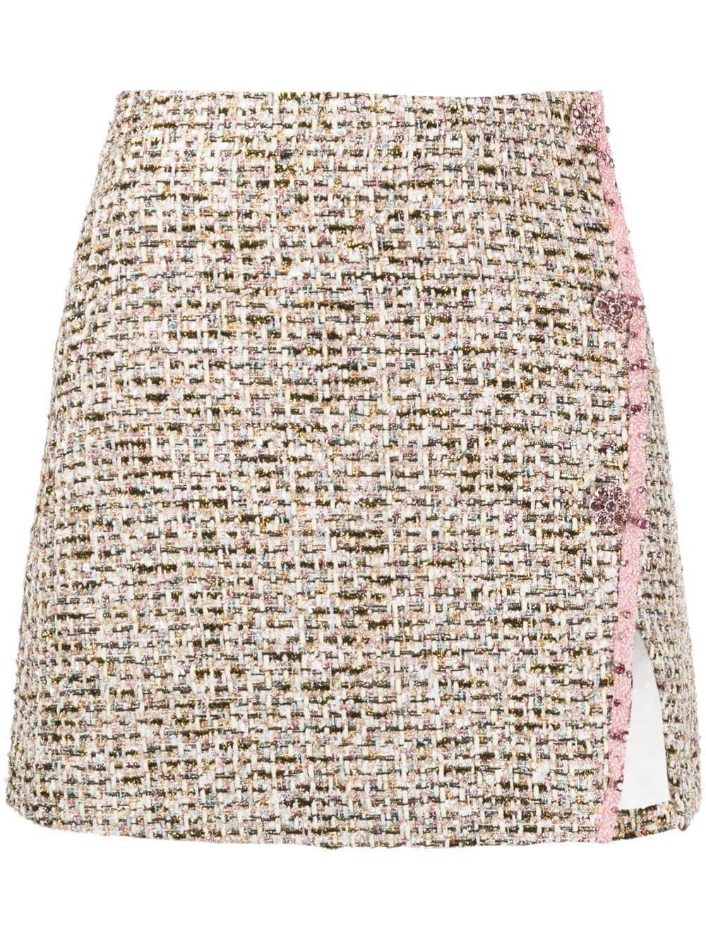 Side Slit Crystal Bead Embellished Metallic Bouclé Tweed Mini Skirt In Pink Product Image