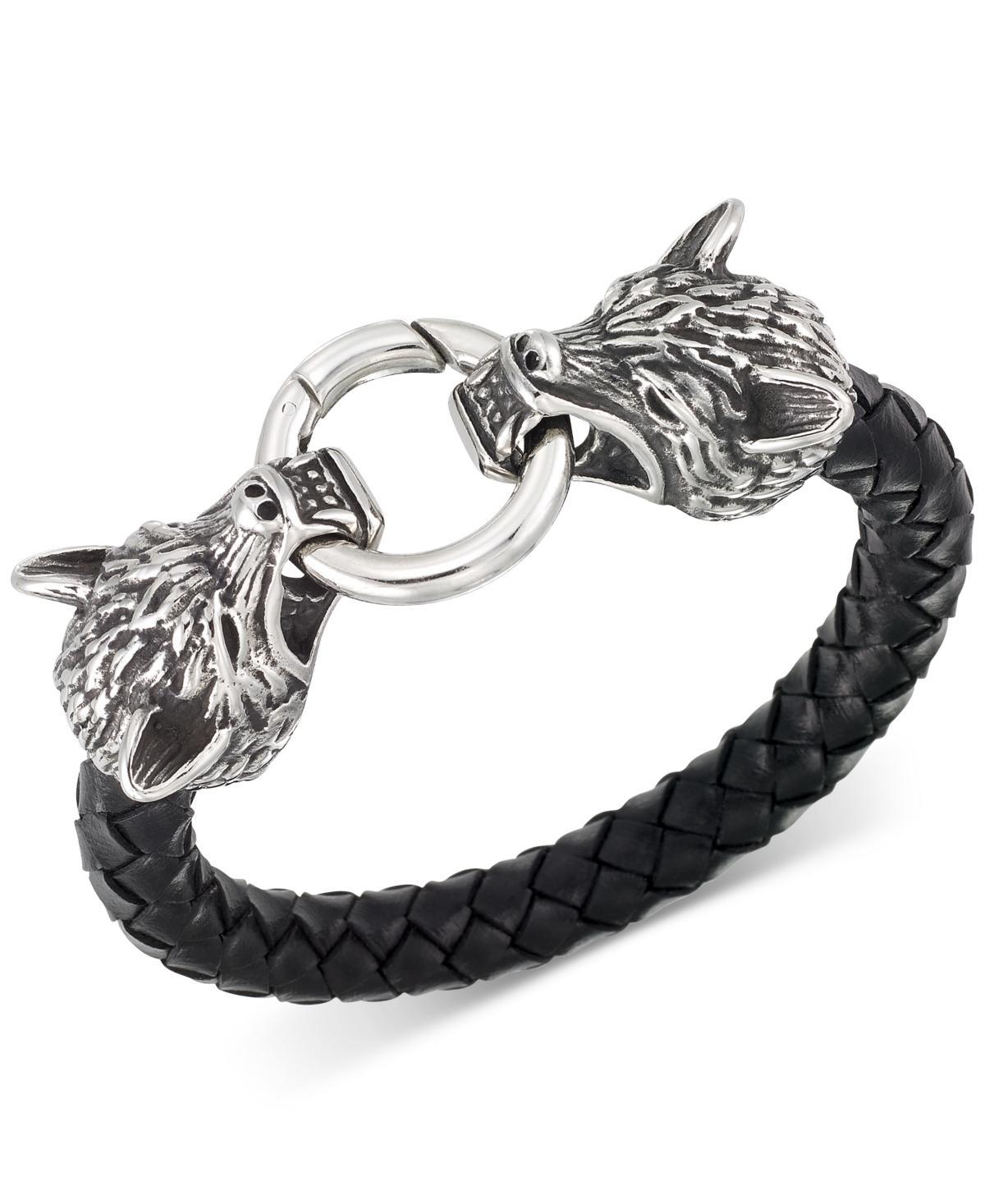 Legacy for Men by Simone I. Smith Wolf Head Leather Braided Bracelet in Stainless Steel Product Image