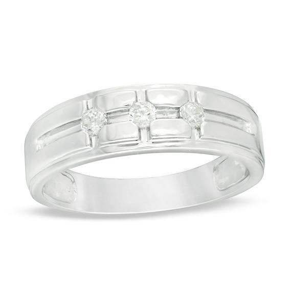 Men's 1/5 CT. T.w. Diamond Three Stone Groove Wedding Band in 10K White Gold Product Image