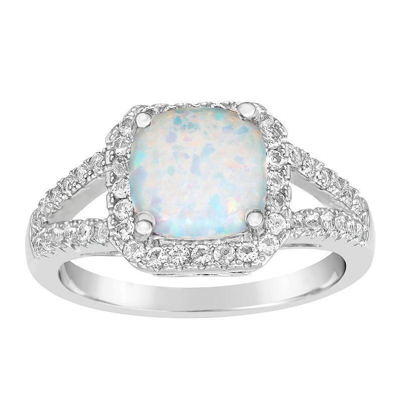 Gemminded Sterling Silver Lab-Created Opal & White Topaz Halo Ring, Womens Product Image