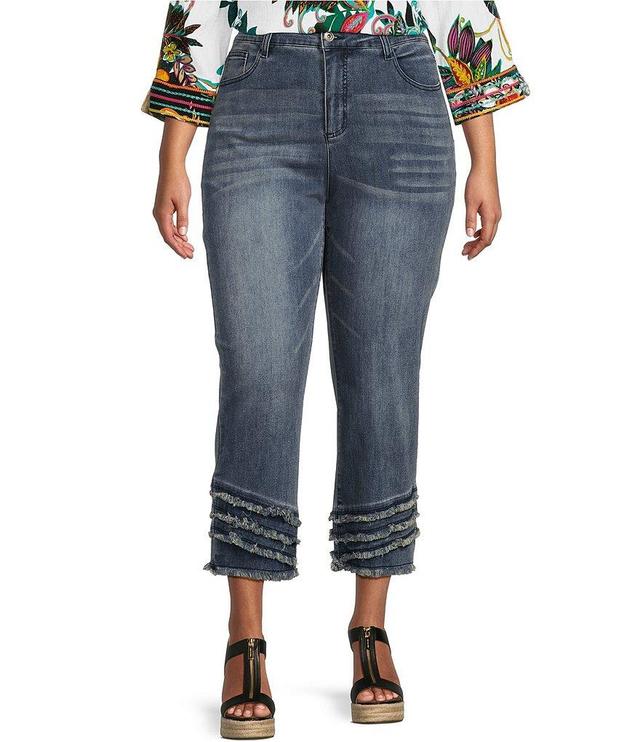 John Mark Plus Size Stretch Denim Straight Leg Tiered Frayed Hem Cropped Jeans Product Image