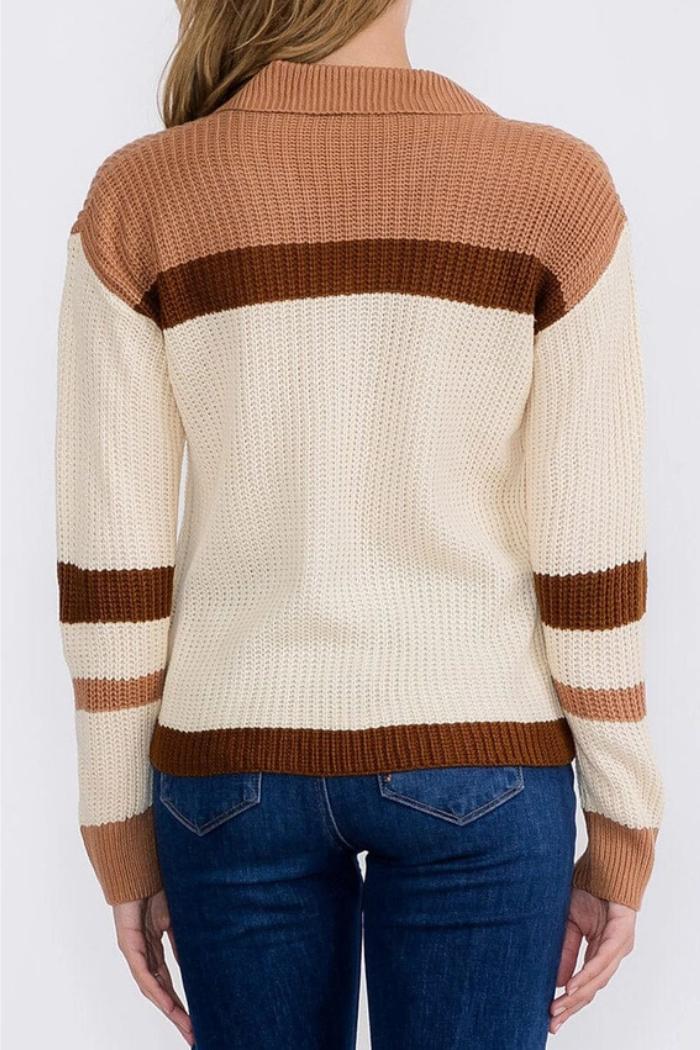 V-Neck Knit Colorblock Pullover Sweater Product Image