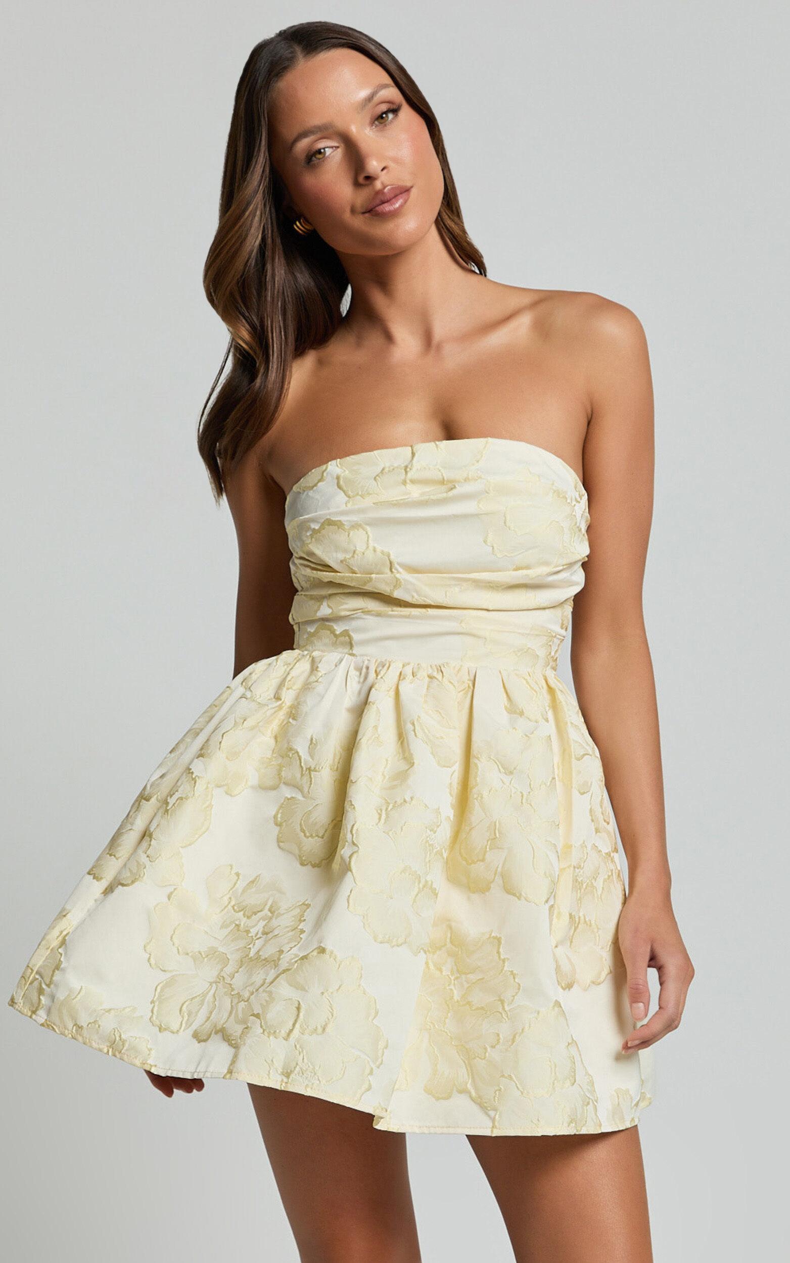 Laure Mini Dress - Strapless Jacquard Dress in Lemon Product Image