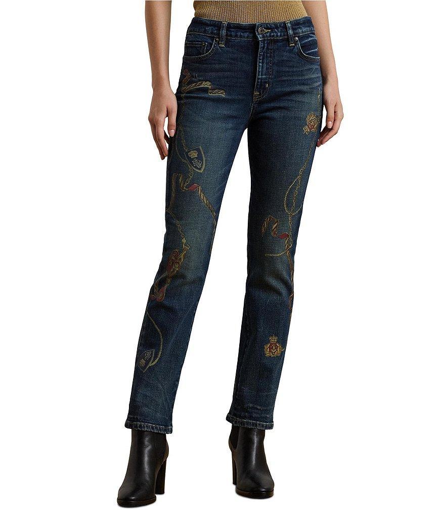 Lauren Ralph Lauren Twill Denim Printed Straight Leg High Rise Ankle Jeans Product Image