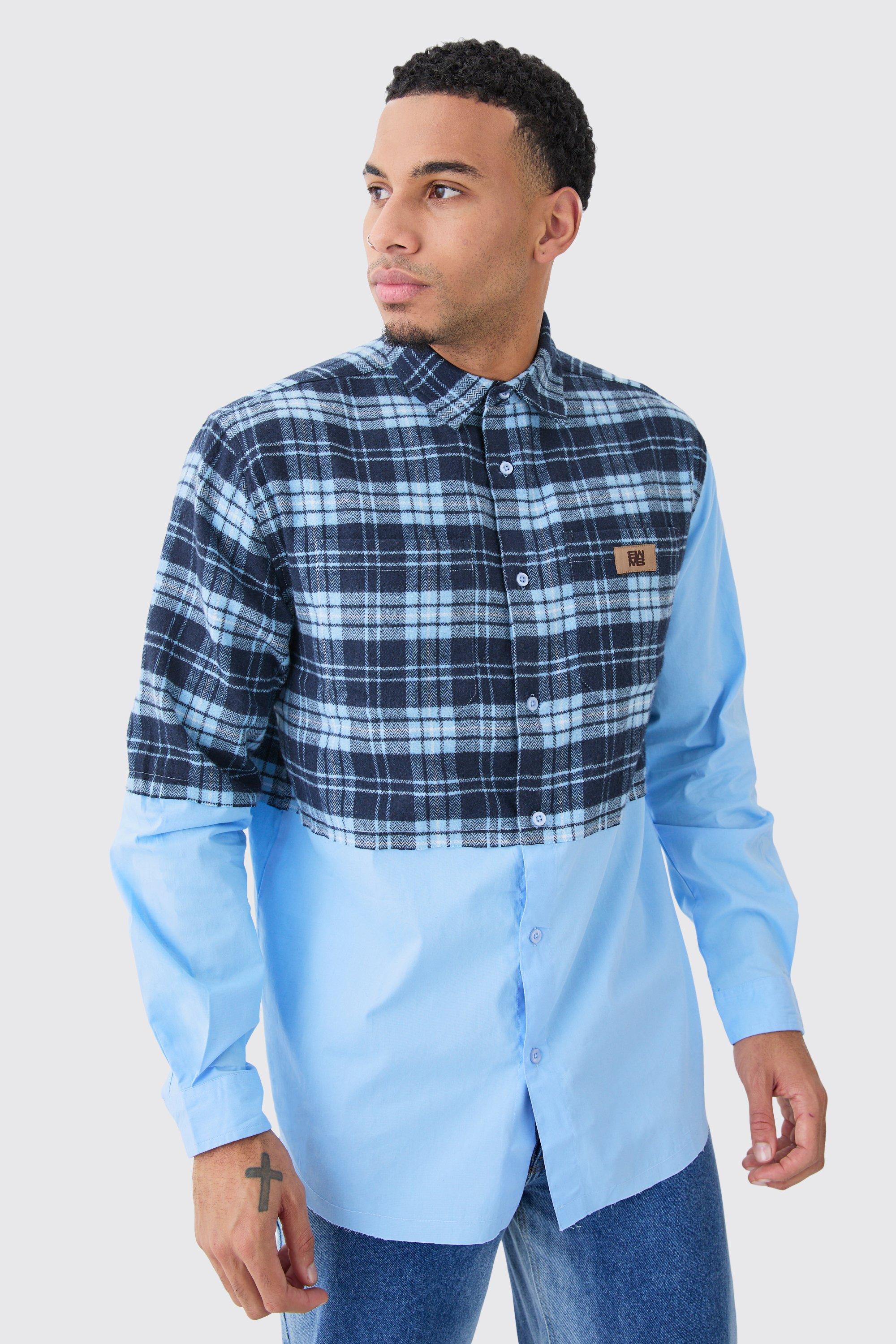 Oversized Twill Spliced Check Overshirt | boohooMAN USA Product Image