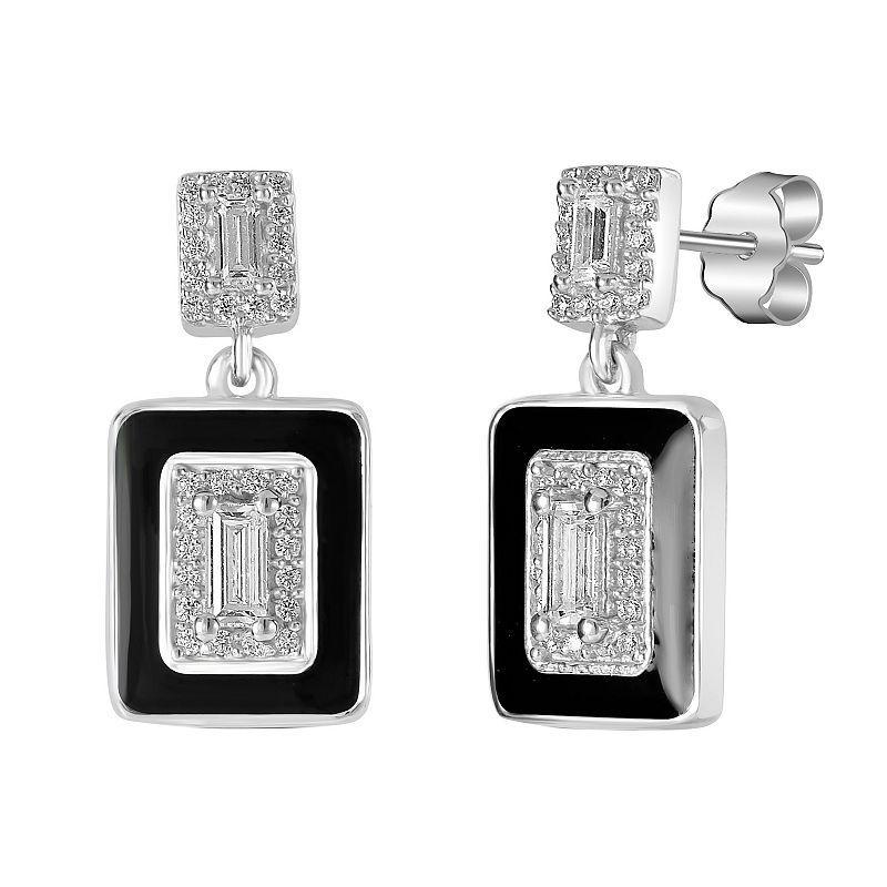 Judy Crowell Sterling Silver Black Enamel Rectangle CZ Drop Earrings, Womens Product Image