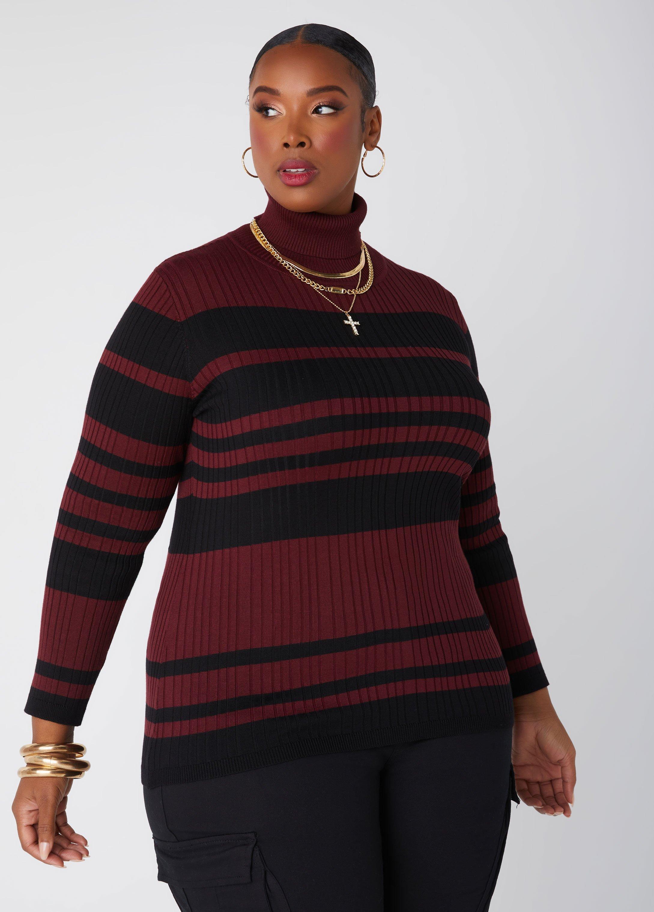 Striped Ribbed Turtleneck Sweater Product Image