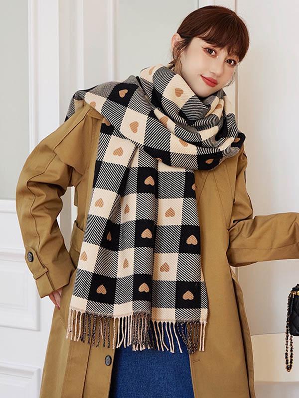 Casual Contrast Color Heart Plaid Jacquard Shawl&Scarf Product Image