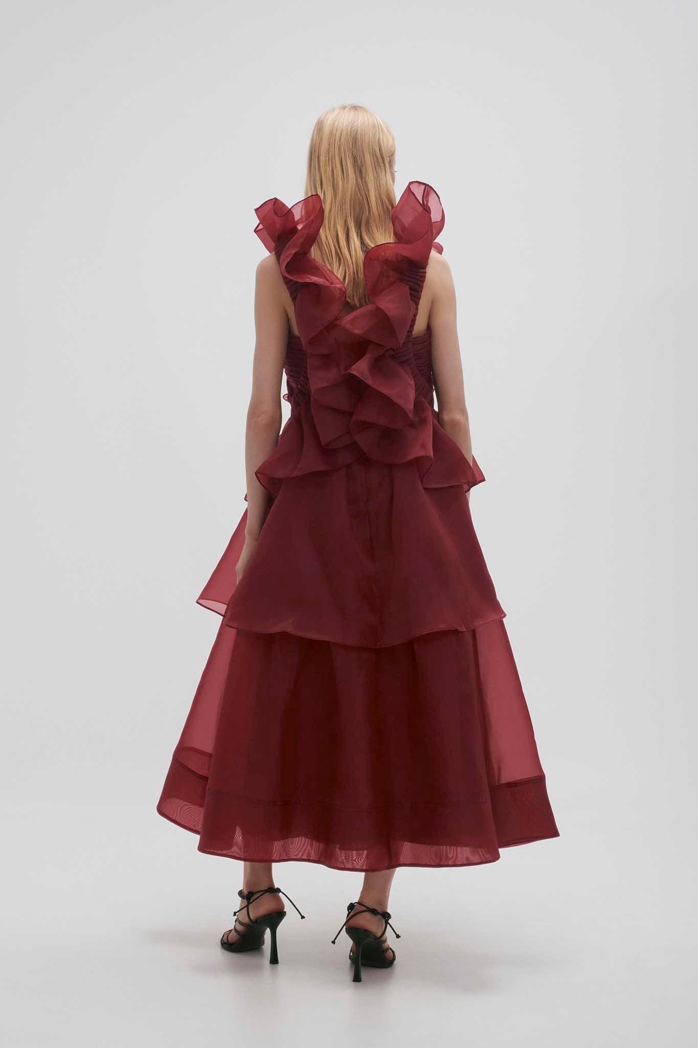 Asra Pleated Frill Midi Dress Product Image