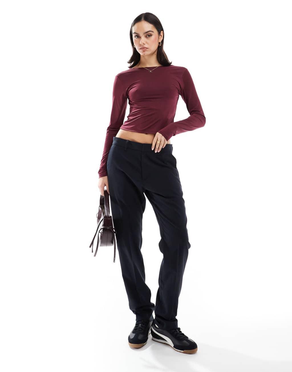 Stradivarius slash neck open back long sleeve top in burgundy Product Image