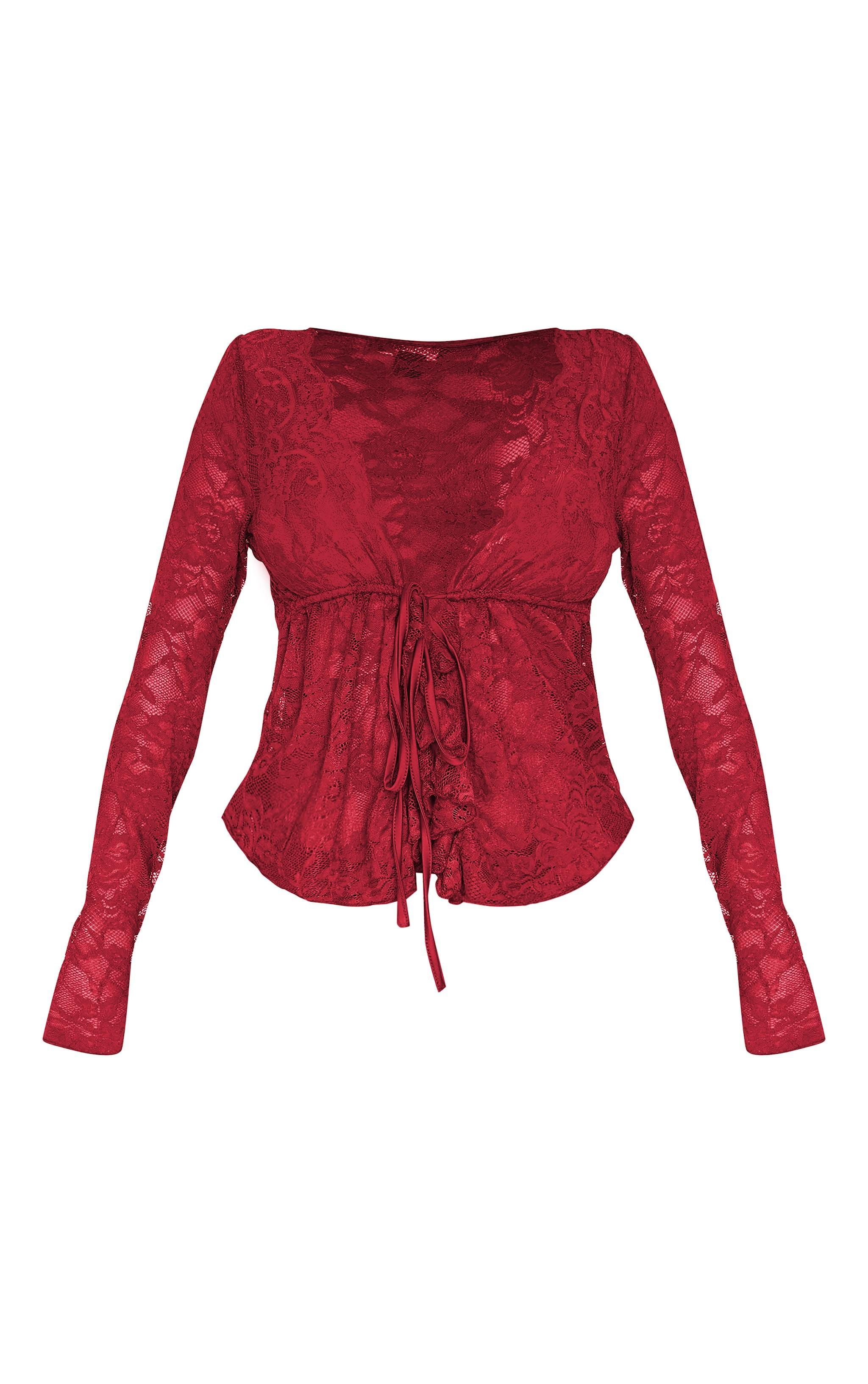  Shape Red Lace Tie Split Front Long Sleeve Top Product Image