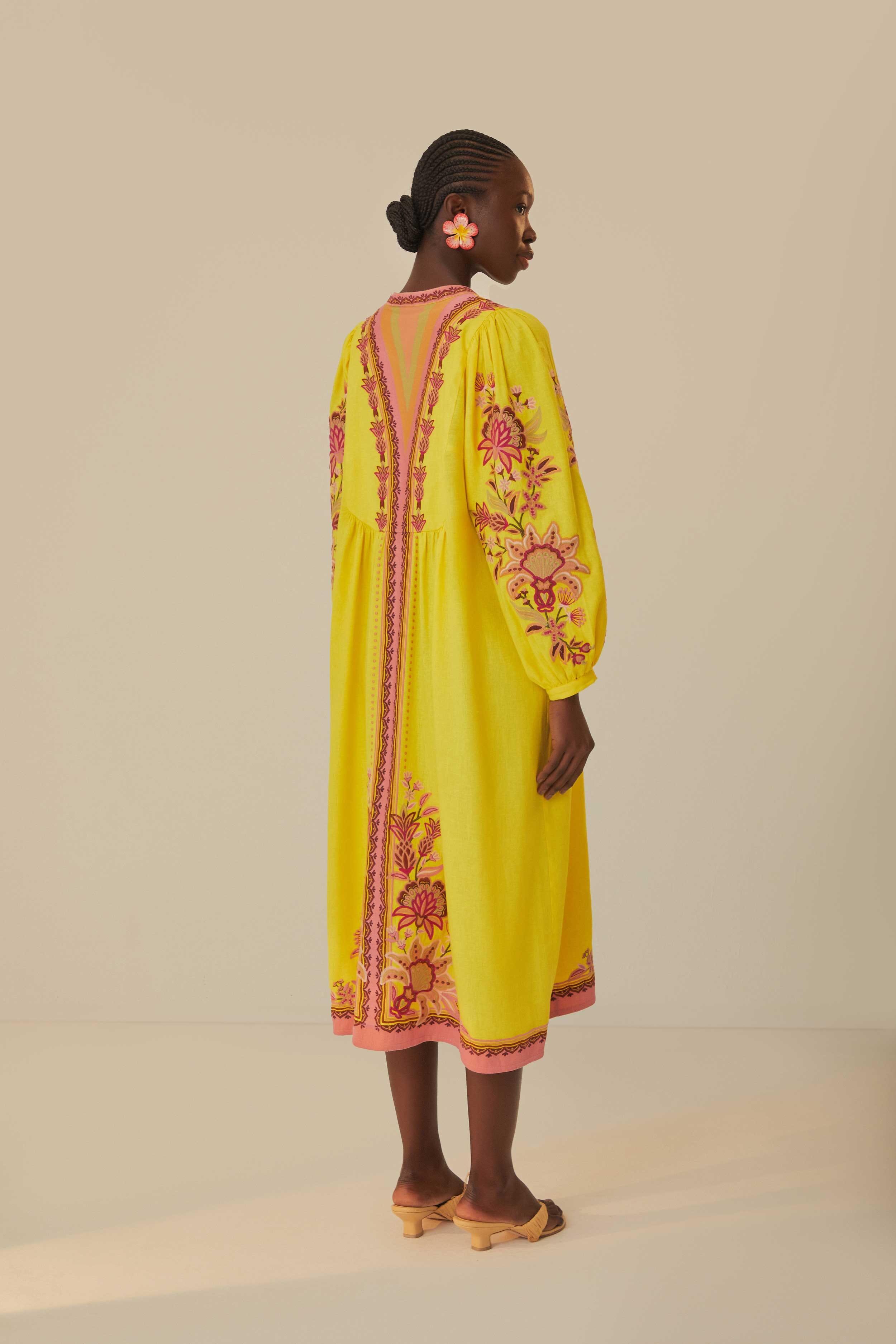 Yellow Embroidered Garden Tapestry Midi Dress Product Image