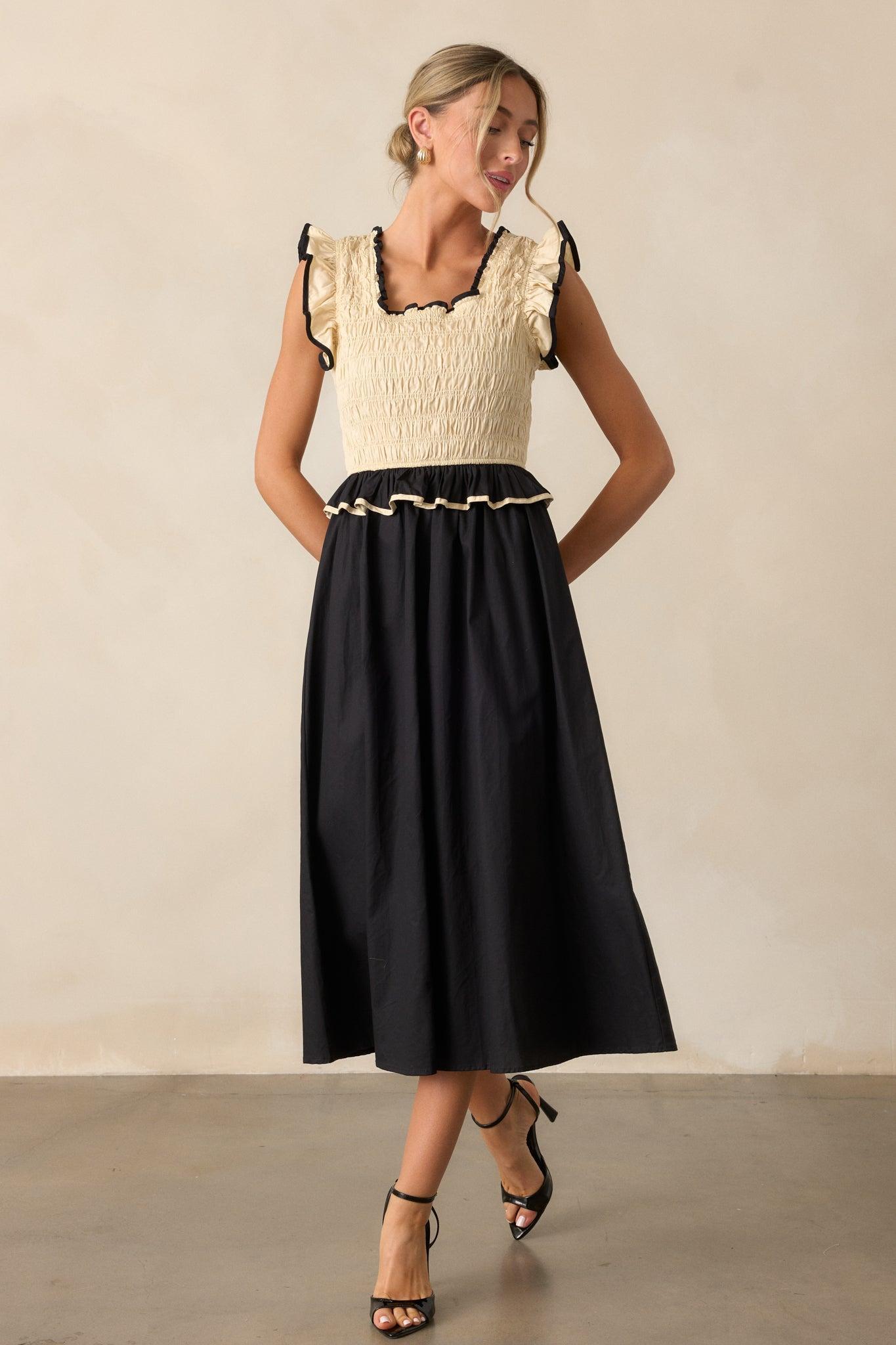 Endless Love Cotton Ivory & Black Smocked Midi Dress Product Image