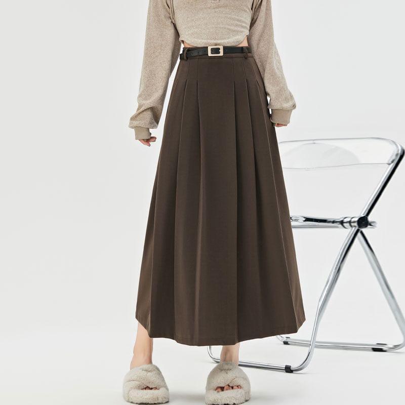 High Waist Plain Pleated Midi A-Line Skirt Product Image