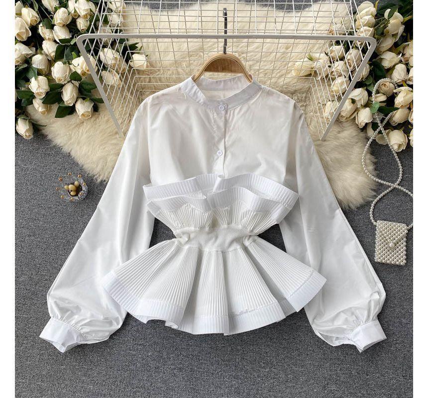 Long-Sleeve Plain Ruffle Trim Peplum Blouse Product Image