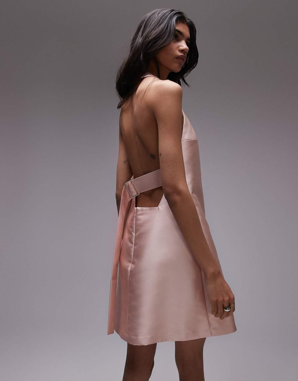 Topshop halter neck mini dress in structured pink blush Product Image