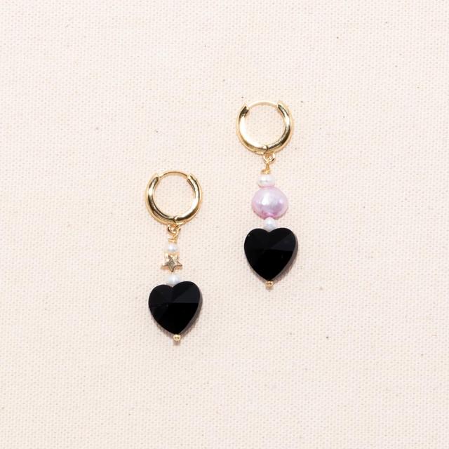 Joey Baby 18K Gold Plated Huggied with Pink Dyed Freshwater Pearls and Black Heart Charms - Madison Earrings For Women Product Image