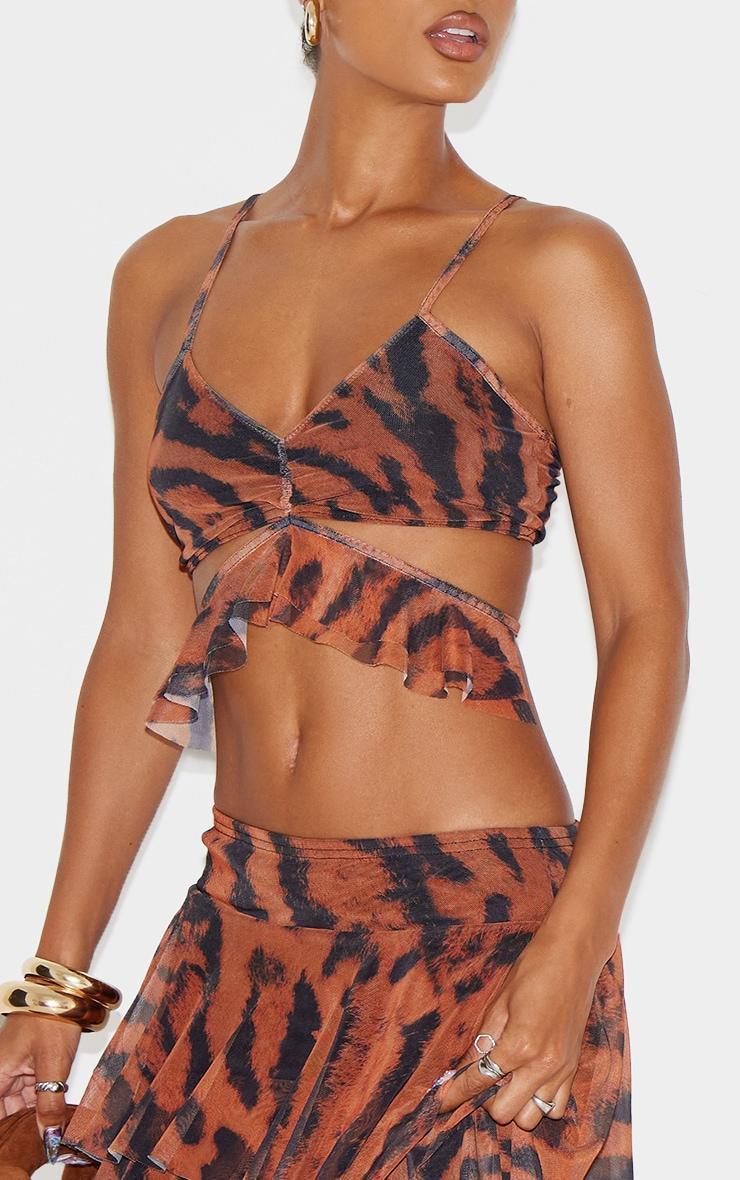 Brown Animal Printed Mesh Frill Wrap Detail Crop Top Product Image