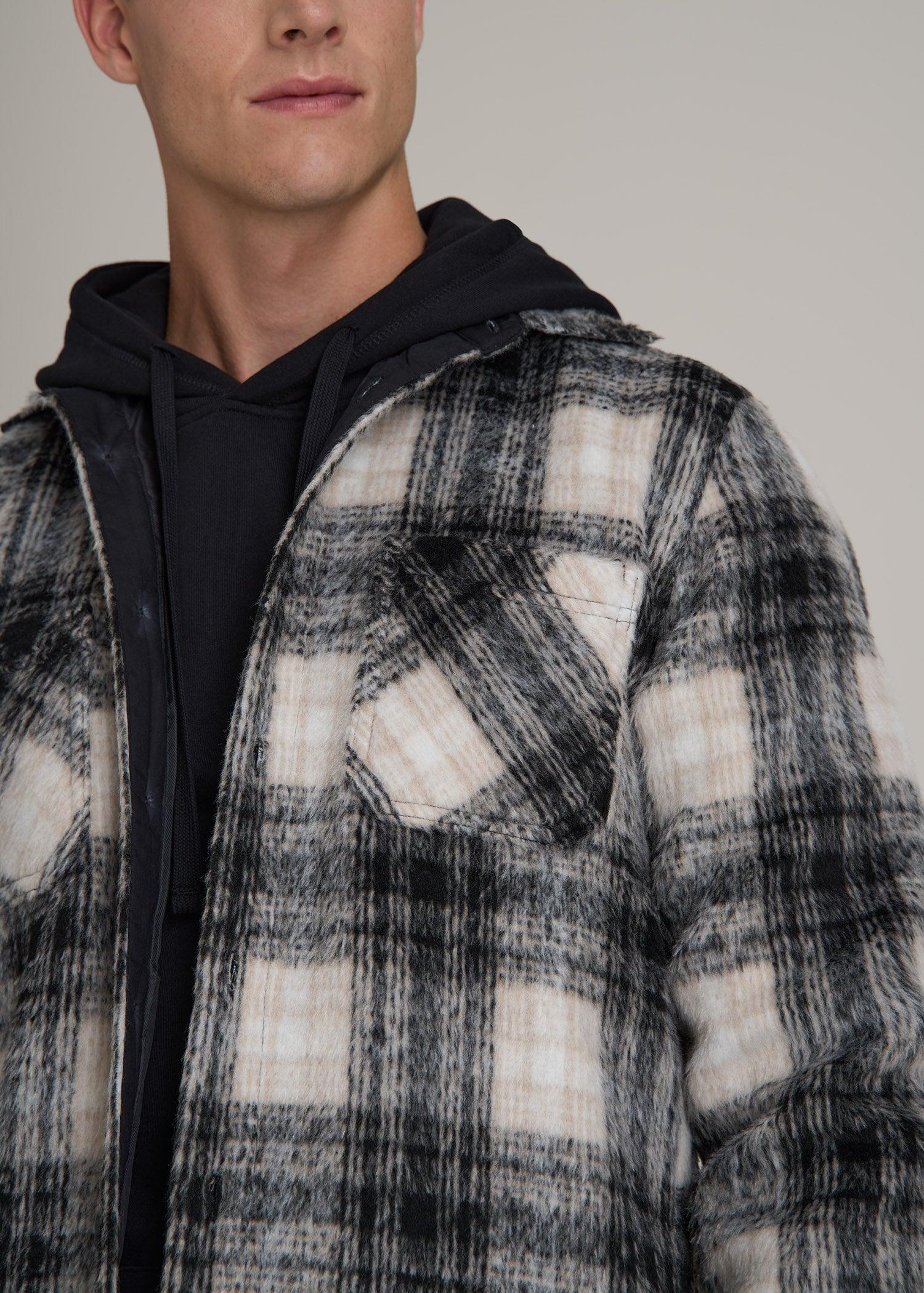 Heavyweight Brushed Flannel Overshirt for Tall Men in Ecru and Black Plaid Male Product Image