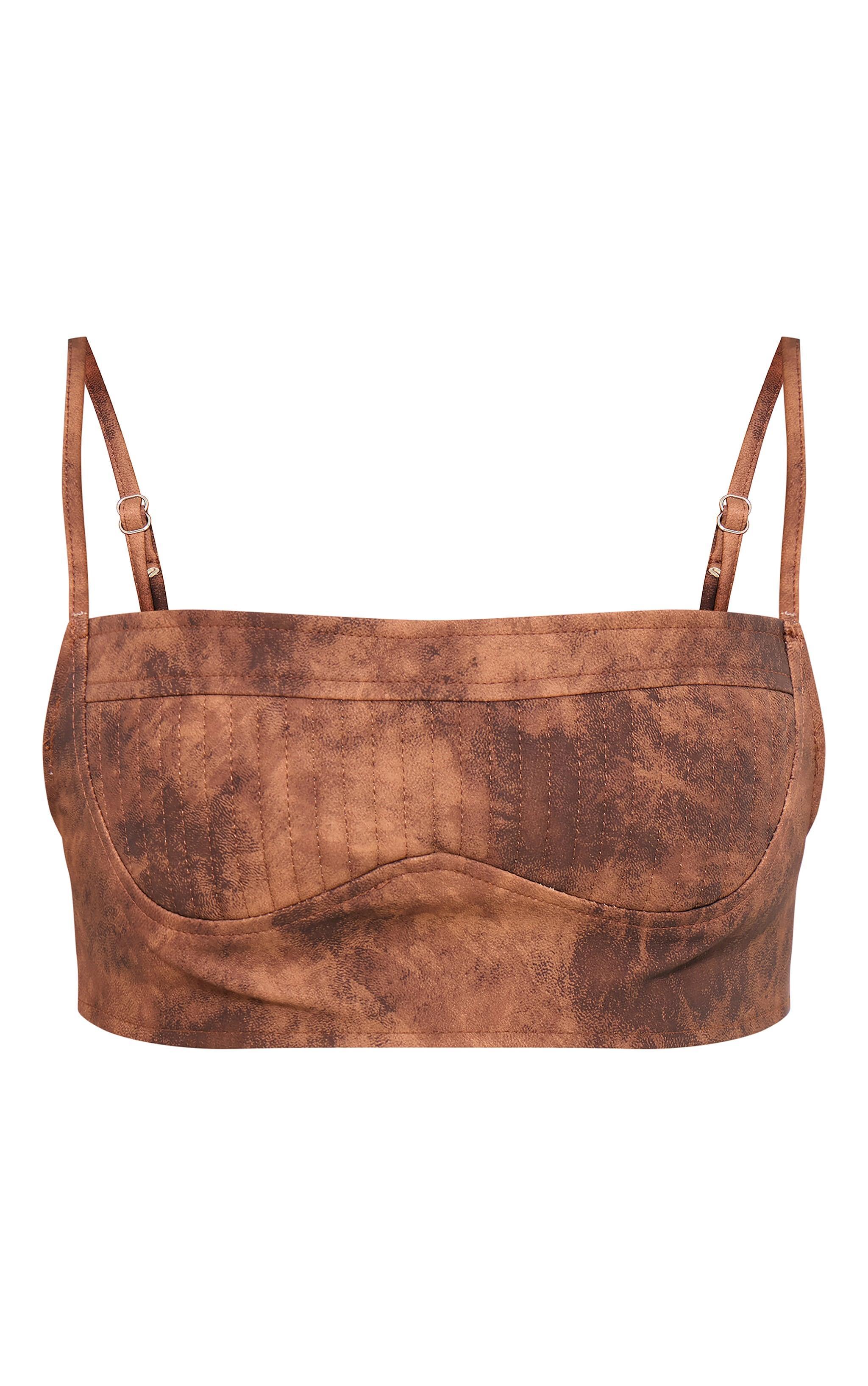 Chocolate Washed Faux Leather Pleated Bralet Product Image